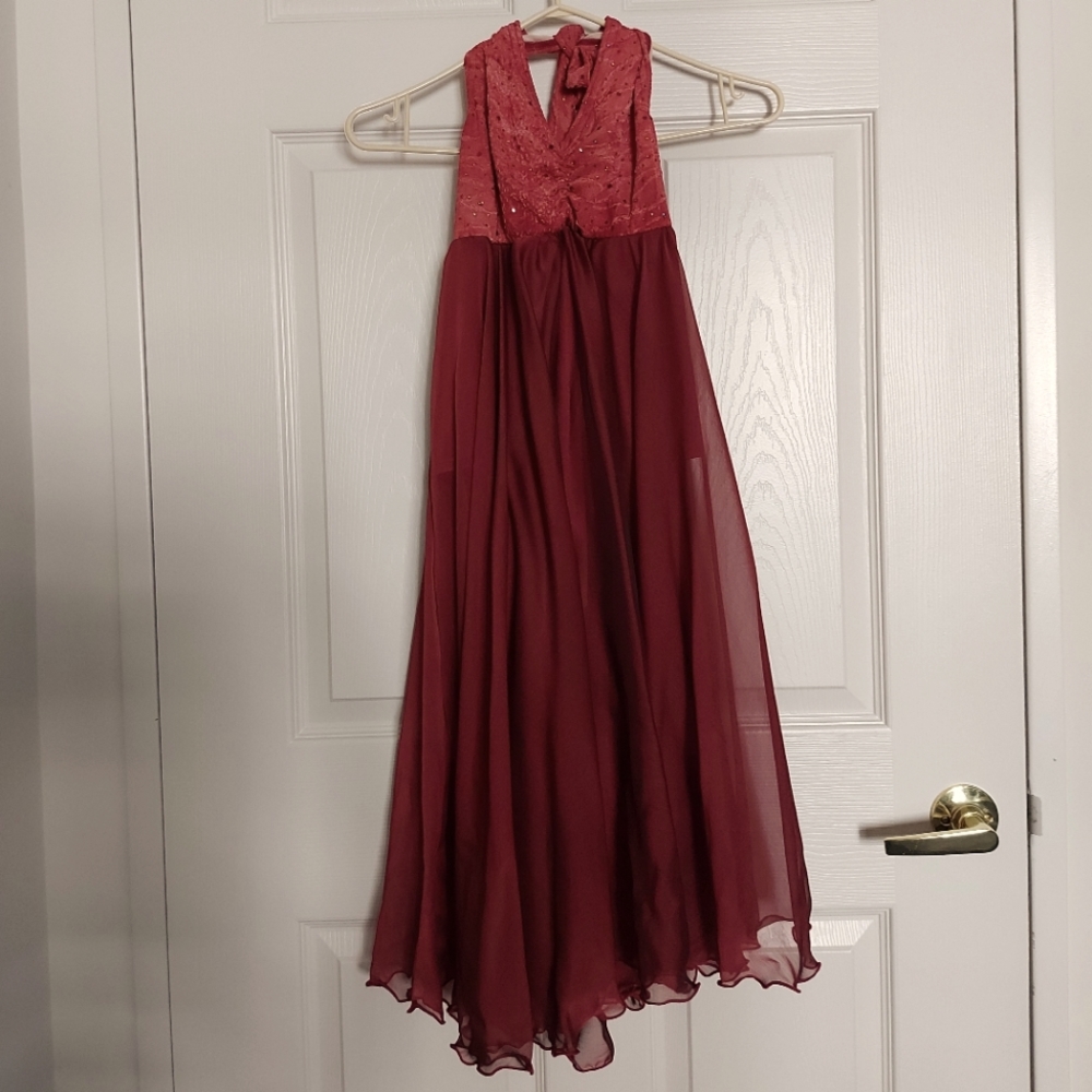 Sequin Flowy Halter Lyrical Dance Dress with Built in Leotard in Burgundy Red